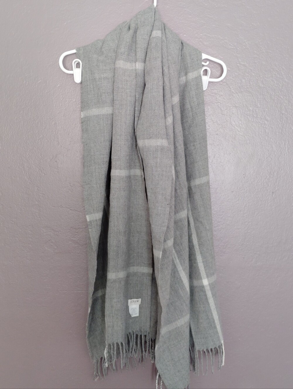 J.Crew Plaid Blanket Scarf With Fringe Gray And White